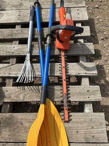 Homemade lawn edger, hedge trimmer, 2 boat paddles