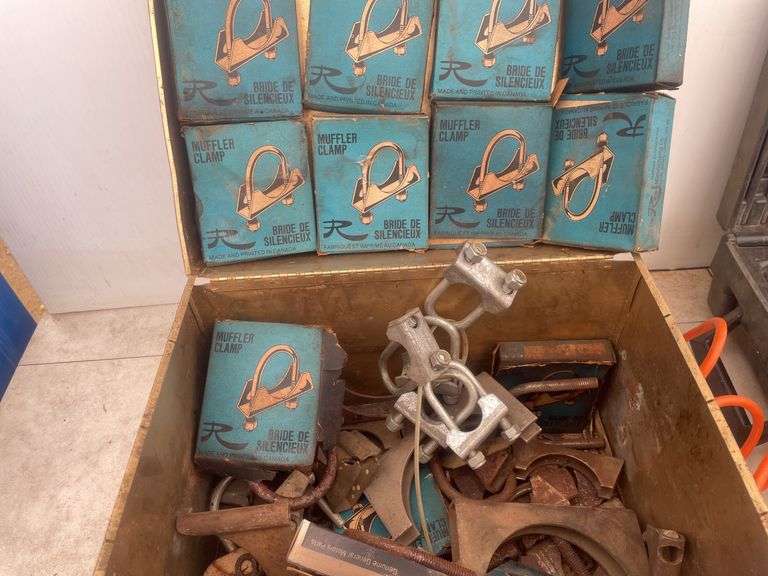 Quantity of various size muffler clamps, 3/4 hp Black and Decker router works