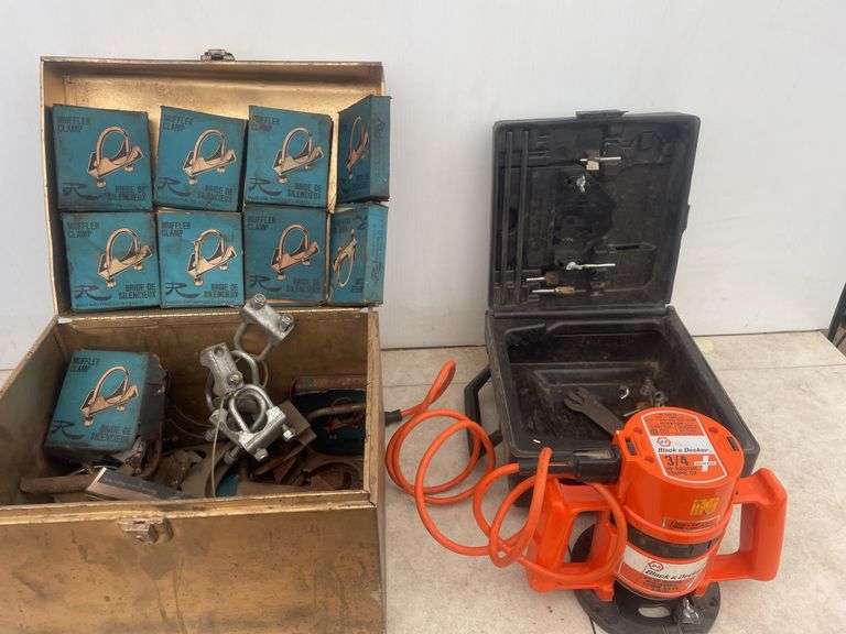 Quantity of various size muffler clamps, 3/4 hp Black and Decker router works