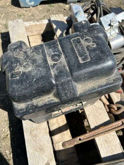 Pallet with mud flaps with battery box, booster cables, ball reciever, propane tank etc.