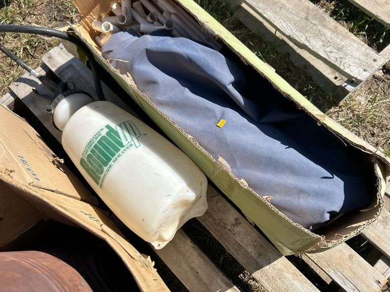 Pallet of misc. - gazebo, garden sprayer, quantity of rollers. 4 jugs of RV antifreeze, and a small 