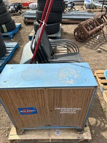 Pallet with metal cabinet, metal snow scoop and 4 patio chairs