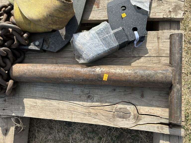Pallet with sling, tow strap, heavy chain, large heavy pin etc