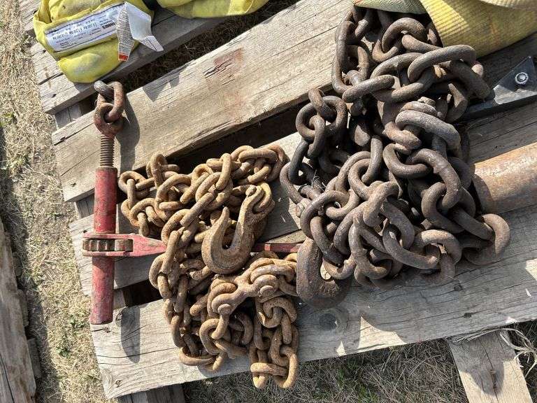 Pallet with sling, tow strap, heavy chain, large heavy pin etc