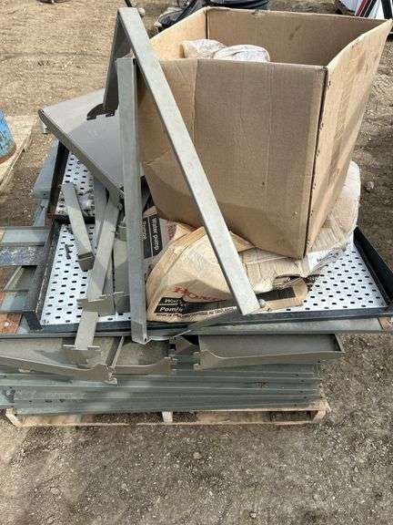 Pallet of misc metal shelving and glass inserts