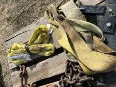 Pallet with sling, tow strap, heavy chain, large heavy pin etc