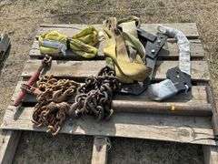 Pallet with sling, tow strap, heavy chain, large heavy pin etc