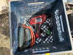 pallet with grease guns, power tools, bbq burner, electric motors