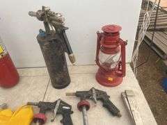 Fire extinguisher - needs charging, spot blaster, barn lantern, hammer stapler etc.