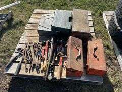 Pallet with misc hand tools and untested power tools