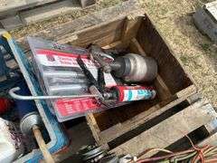 pallet with grease guns, power tools, bbq burner, electric motors
