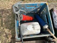 pallet with grease guns, power tools, bbq burner, electric motors