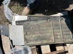 Pallet with mud flaps with battery box, booster cables, ball reciever, propane tank etc.