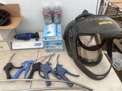Quantity of L and XL painters coveralls, 2 boxes of nitro gloves, Loctite LB808, miscellaneous face 