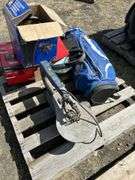 Scroll saw- condition unknown, golf bag, hose reel etc.