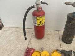 Fire extinguisher - needs charging, spot blaster, barn lantern, hammer stapler etc.