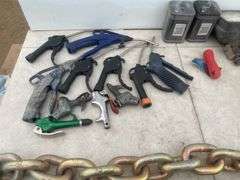 65" heavy duty safety chain, pair of air hoses, quantity of blow nozzles, miscellaneous lights