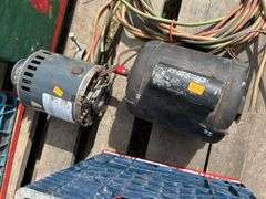 pallet with grease guns, power tools, bbq burner, electric motors