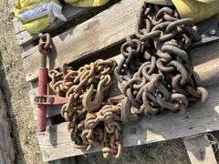 Pallet with sling, tow strap, heavy chain, large heavy pin etc