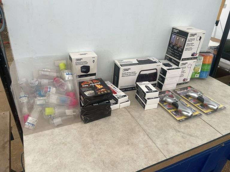 Power Zone portable speakers, powerbanks, dual USB car chargers, USB wall chargers, labeling tape, e