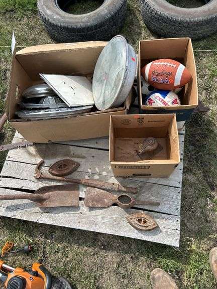 Pallet of miscellaneous, vintage tools, balls, hubcaps etc