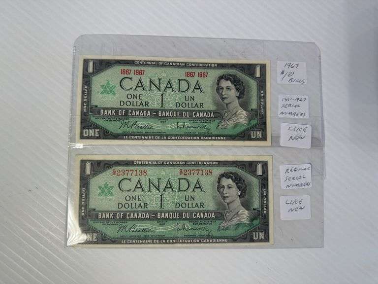 2 - 1967 $1.00 Bills - 1 - 1867 - 1967 Serial Numbers Bill & 1 - Regular Serial Numbers Bill