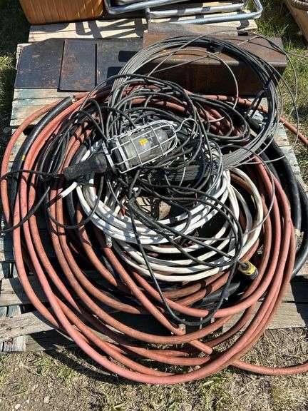 Pallet of misc hose, cable, iron etc