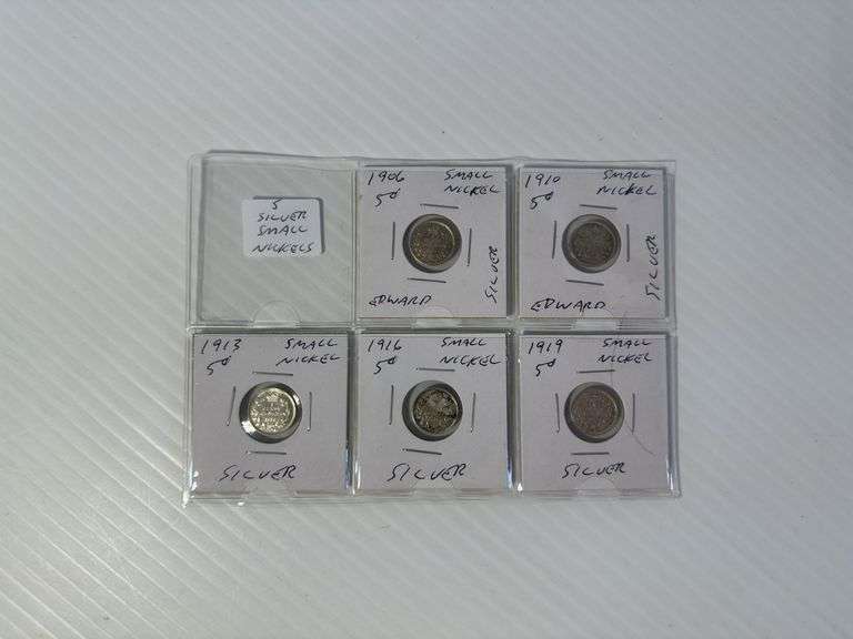 5 - Small Nickels - 1906 Edward - 1910 Edward - 1913 - 1916 - 1919 - Silver Nickels