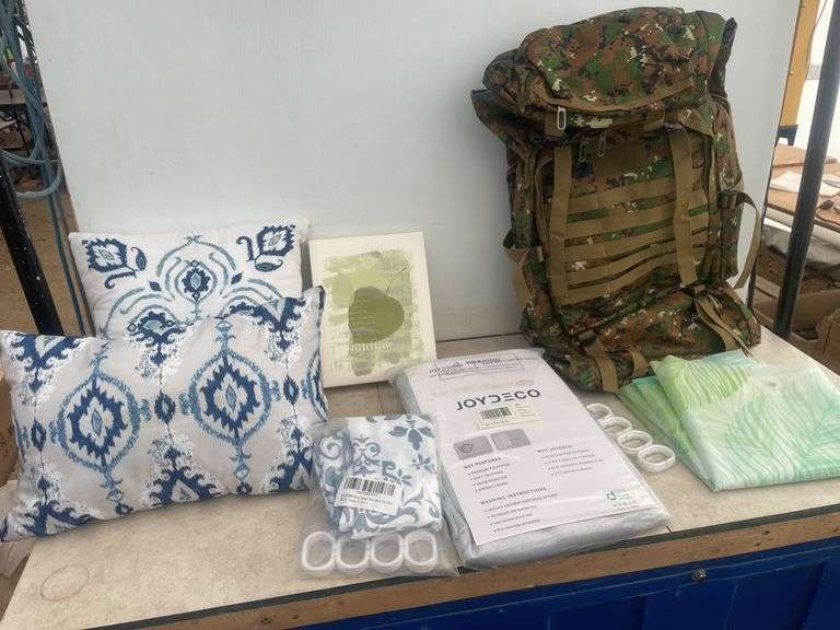 Camo backpack, curtain 52"x132", shower curtain etc.