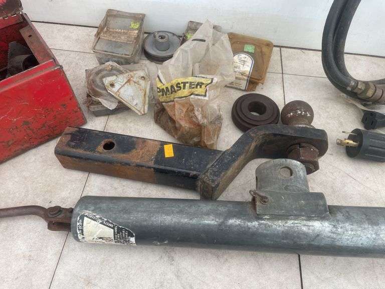 Tool box and a quantity of swather parts, generator adapter, receiver hitch, propane torch, trailer 