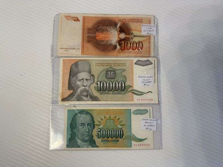 Yugoslavia - 1,000 Dinara Bill & 10,000 Dinara Bill & 500,000 Dinara Bill