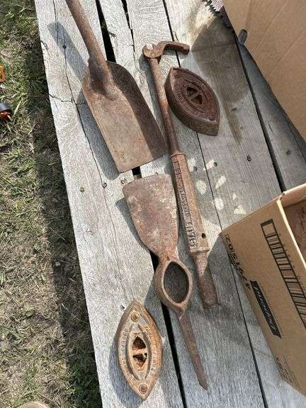 Pallet of miscellaneous, vintage tools, balls, hubcaps etc