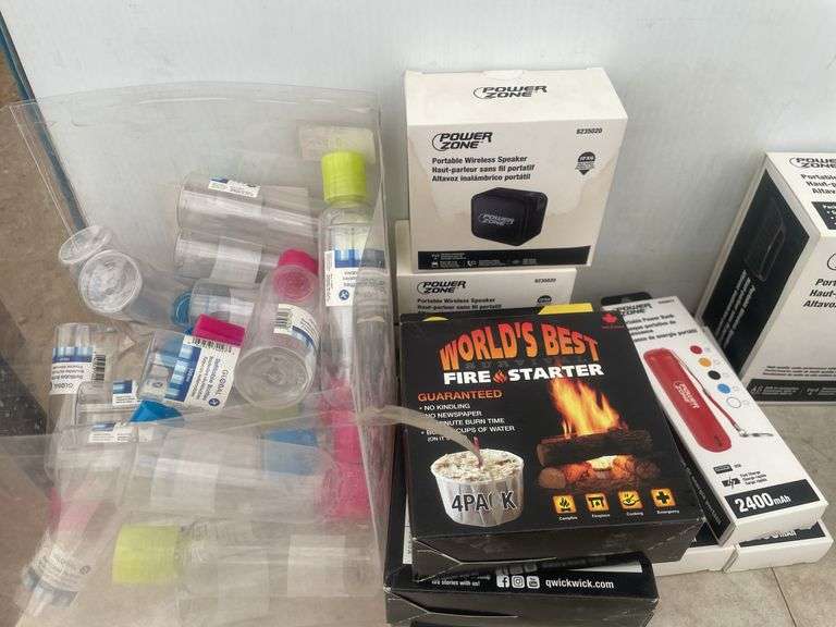 Power Zone portable speakers, powerbanks, dual USB car chargers, USB wall chargers, labeling tape, e