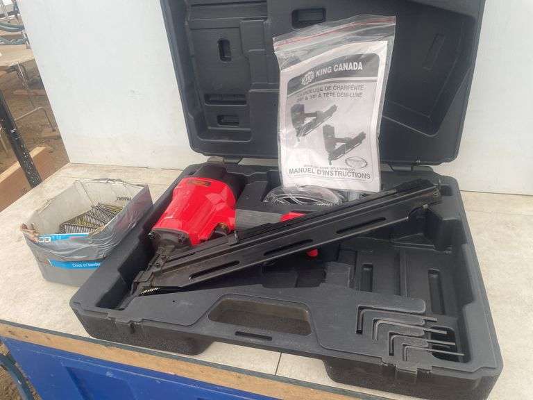 King Canada 28 degree clipped head framing nailer and a partial box of nails