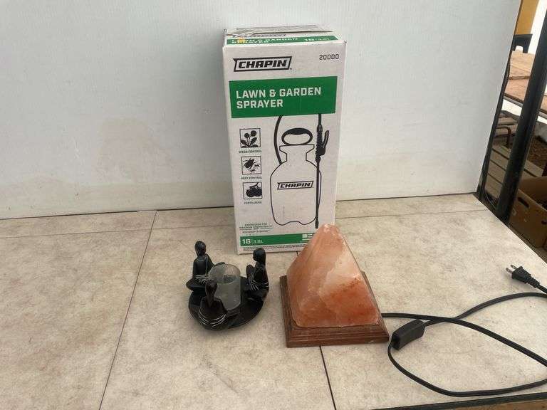 Lawn and garden sprayer, candle holder and rock lamp (needs bulb)