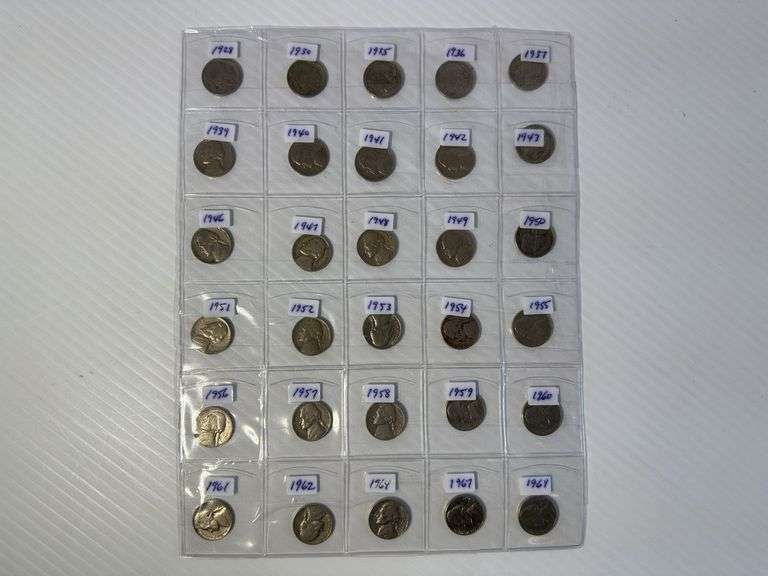 Plastic Page of USA Nickels - 1928 to 1969 - Mixed Dates