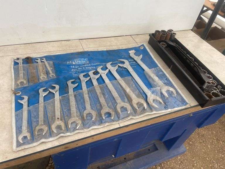 Angled combination wrenches and quantity of SAE sockets