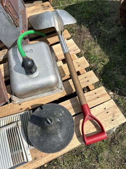 Pallet of misc, propane tank, shovel, wall heaters etc