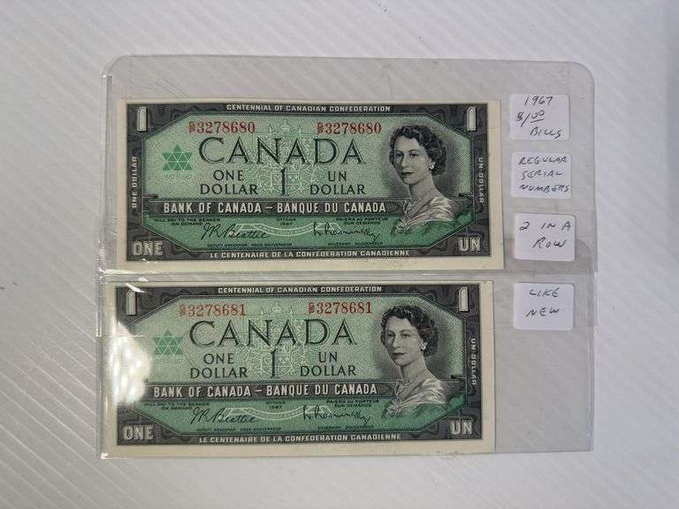 2 - 1967 $1.00 Bills - Regular Serial Numbers Bill - 2 Bills in a Row - Both Bills Like New