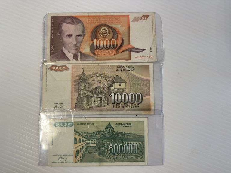 Yugoslavia - 1,000 Dinara Bill & 10,000 Dinara Bill & 500,000 Dinara Bill