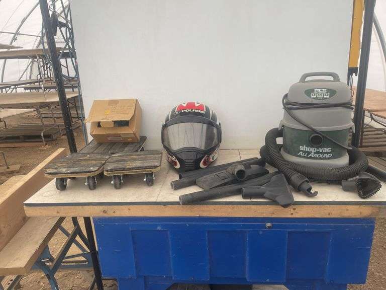 5.6L Shop-vac, set of shop built snowmobile dollies, speedometer for a 2003 Suzuki LT500 and a Polar
