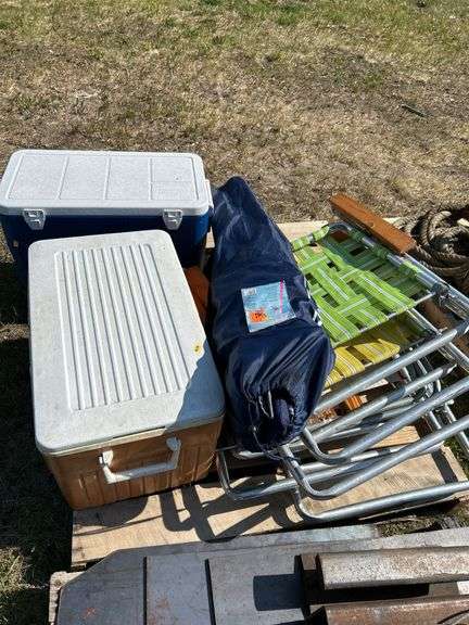 Pallet of coolers,lawn chairs etc
