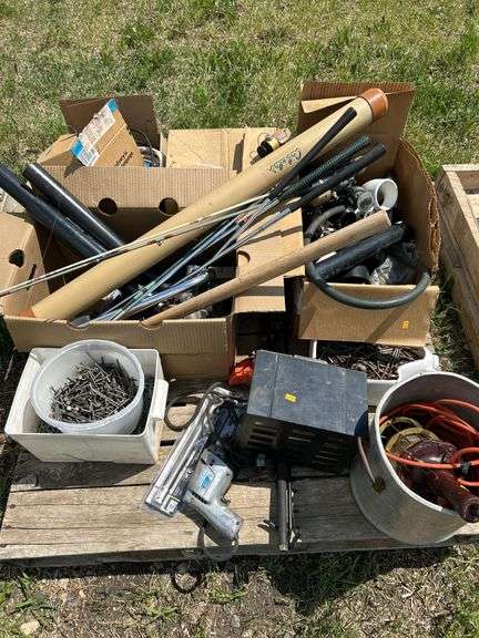 Pallet of miscellaneous, nails, plumbing fittings, golf clubs etc
