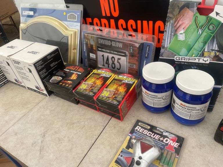 Address plaque, address high-viz sign, fire starters, Gripty, Power zone 3 in 1 phone charger, light