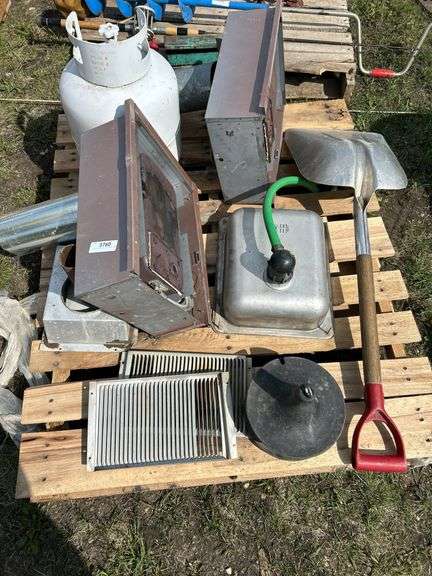 Pallet of misc, propane tank, shovel, wall heaters etc