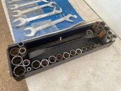 Angled combination wrenches and quantity of SAE sockets