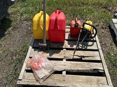 Pallet with gas cans, post maul, chainsaw - condition unknown