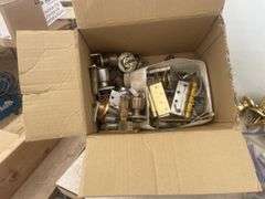 Large quantity of door knobs and hardware - some with key and some without keys, 4 pair of work glov