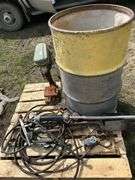 Pallet of misc, barrel, rusty bench drill press, trap etc