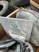 Pallet of miscellaneous, vintage tools, balls, hubcaps etc